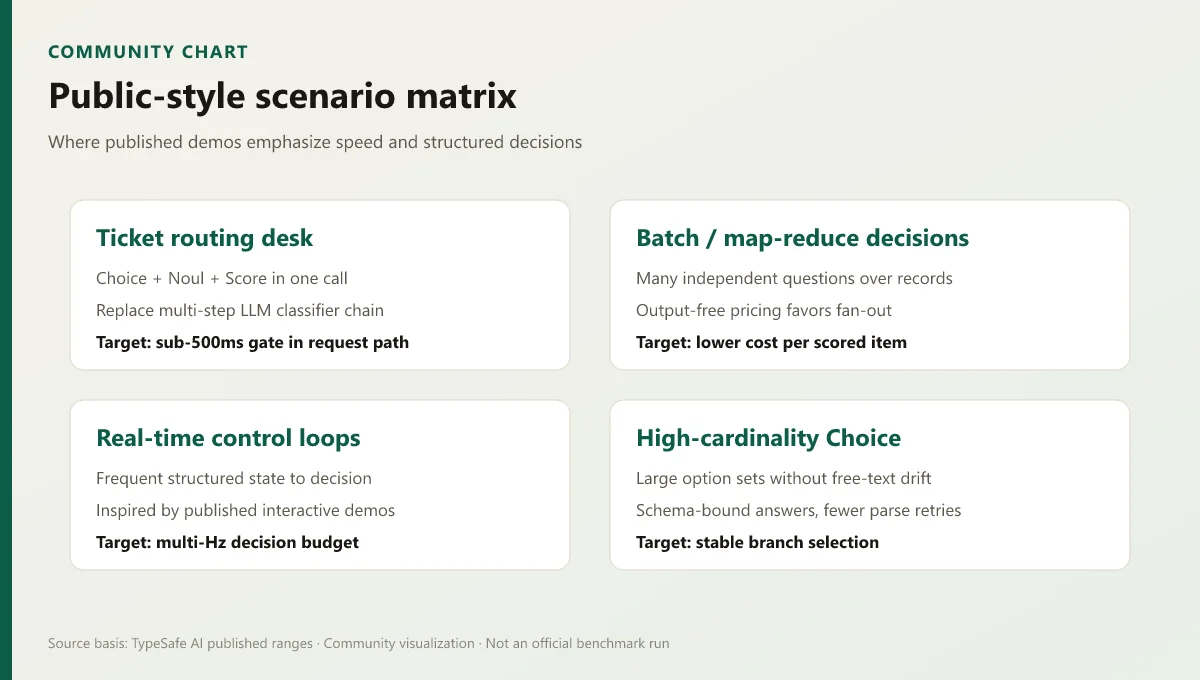 Four-panel scenario matrix covering ticket routing, batch decisions, real-time loops, and high-cardinality choice