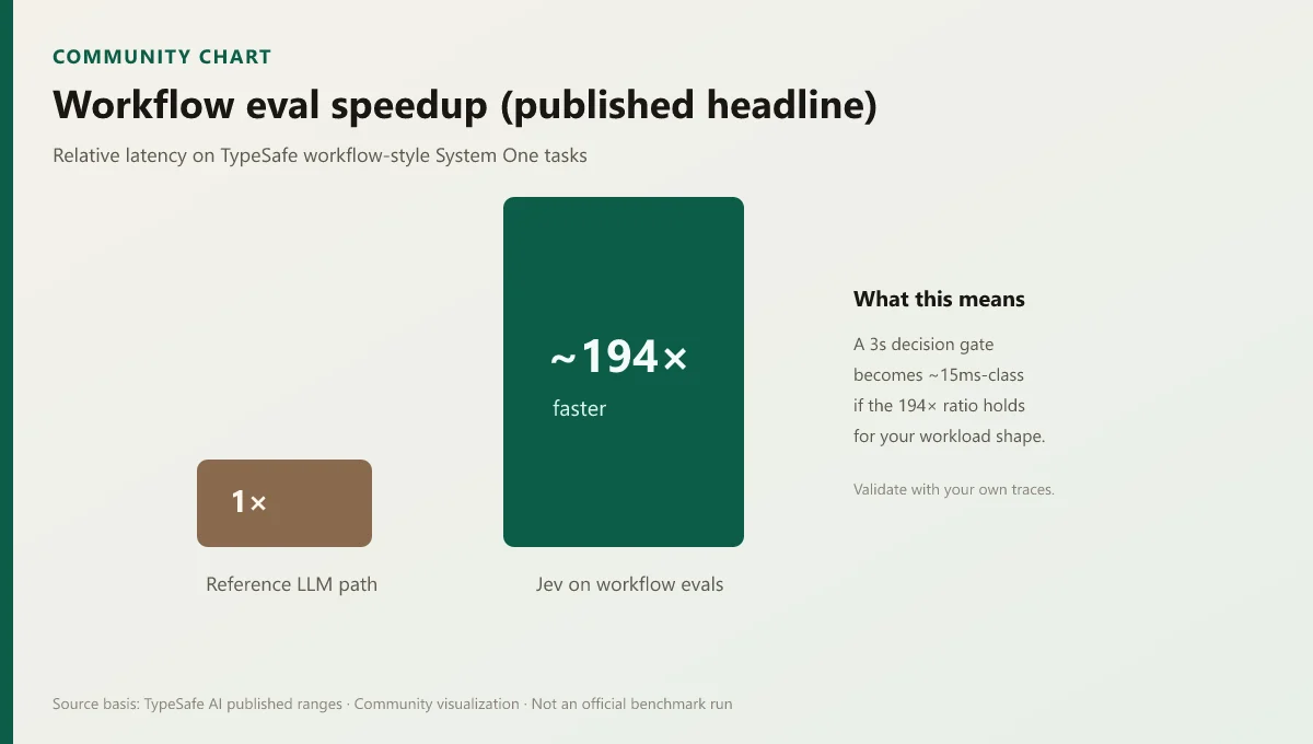 Column chart showing about 194 times faster for Jev versus a 1 times reference LLM path on workflow evaluations